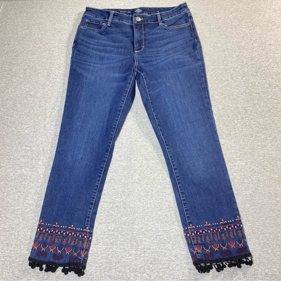 St Johns Bay Jeans Womens 12 Blue Skinny Boho Embroidered Hem Pom Mid Rise Denim - Picture 1 of 14
